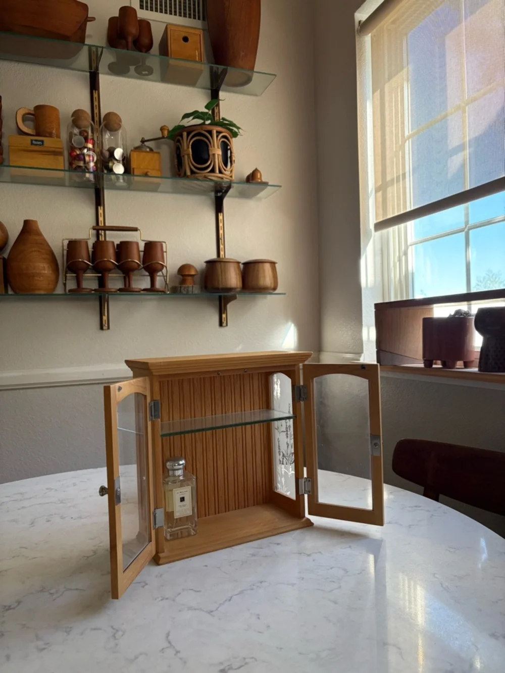 Wood Vintage Mini Curio Dispkay with Glass Shelf - Natural Brown